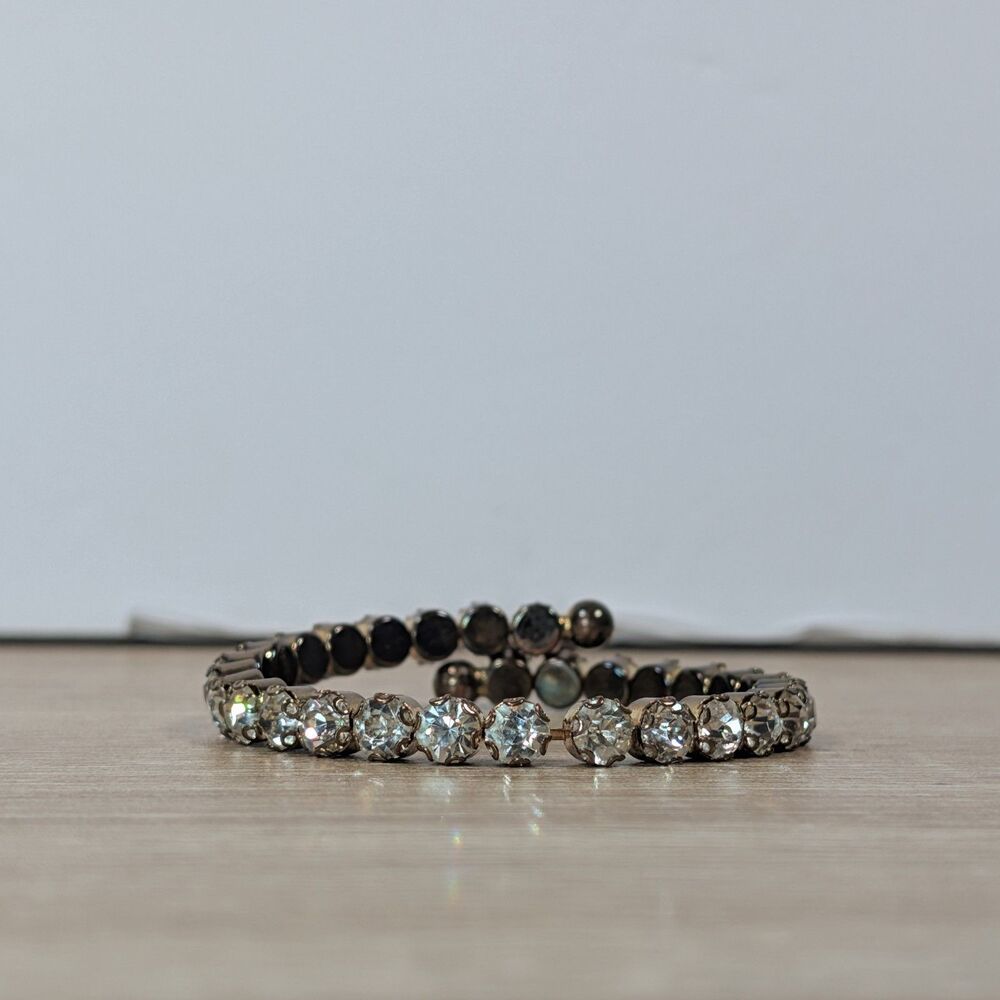 Vintage Clear Rhinestone Cuff Bracelet Silver Tone Statement